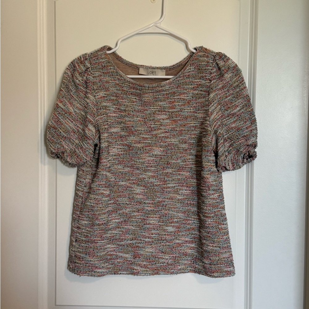 LOFT Ann Taylor Colorful Tweed Short Twist Sleeve Knit Top - Casual Workwear - Picture 2 of 14